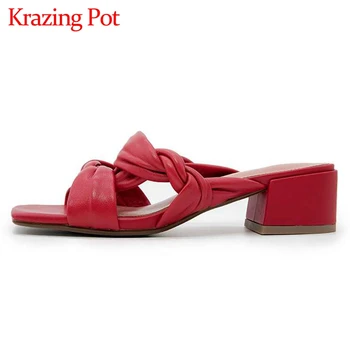 

Krazing pot plus size handmade high quality full grain leather peep toe med heel slip on mules Rome young lady sandals women L32