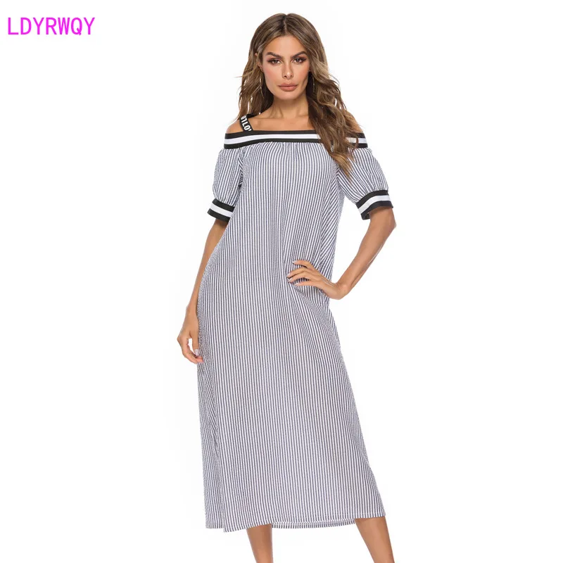 

2020 spring and autumn new European and American women's fashion stripe collar short-sleeved loose casual dress
