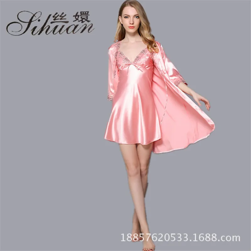 Summer New Style Imitated Silk Fabric Women's Robes WOMEN'S Suit Strapped Dress+ Robe Imitated Silk Fabric Two-Piece Set