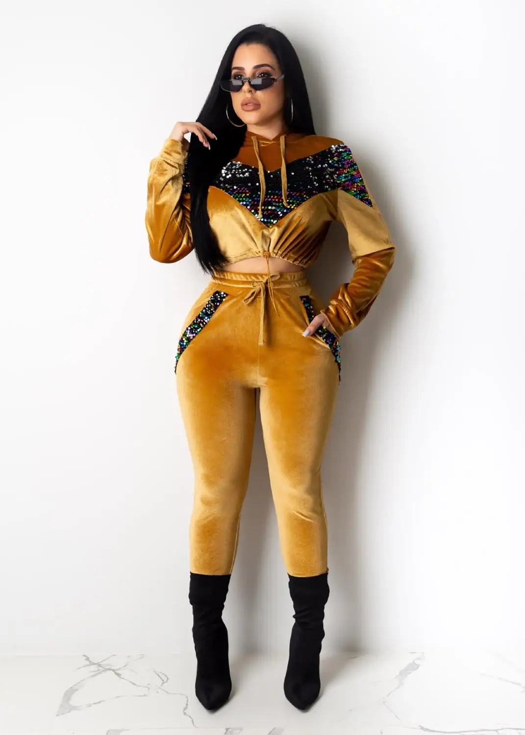 yellow set Adogirl комплект из двух предметов с разноцветными пайетками и вставками, женский спортивный костюм, толстовка с капюшоном и длинным рукавом, укороченный топ, повседневные штаны - Цвет: yellow set