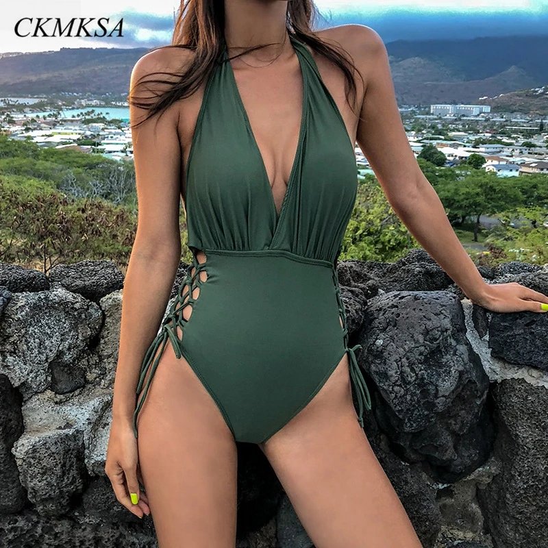 

Bandage Swimsuit Sexy High Cut Women One Piece Swimsuit Thong 2019 Red Lace Up Halter Swimwear Deep V Neck Bathing Suit Trikini