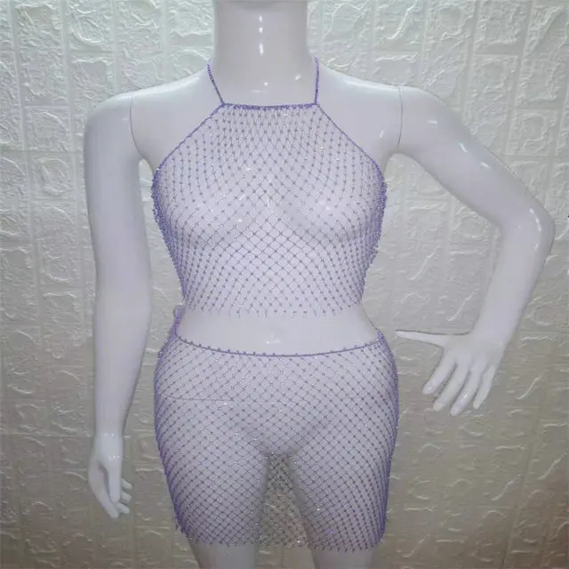 as PARAKINI Sparkly Crystal Diamonds Bikini Beach Women Dress Beach Cover Up Dresses Fishnet Cropped Top Two Pieces Set Beach Dress - Color: as