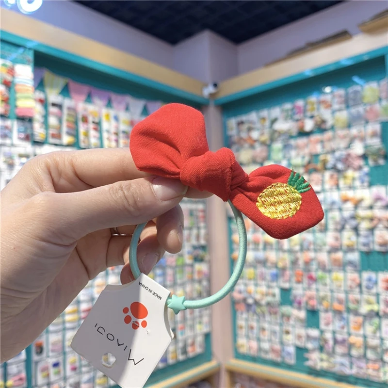 

2020 Children's Fabric Bow Tie Hair Ring Cute Female Baby Embroidery Fruit Strawberry Hair Rope Headdress Tie Hair Rubber Band