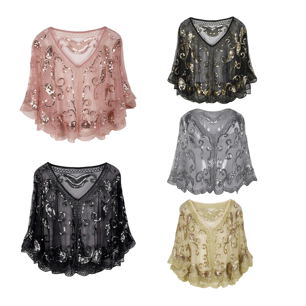 Vintage 1920s cardigan prom party dress new wedding Sequin Prom shawl Gatsby party mesh shortcover Up Dress Accessory