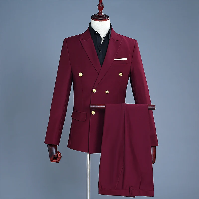 

Men's Suits Wine Red Double Row Gold Buckle Groom Dress Korean Version Of The Self-cultivation Costumes Hosted Two-piece Suit