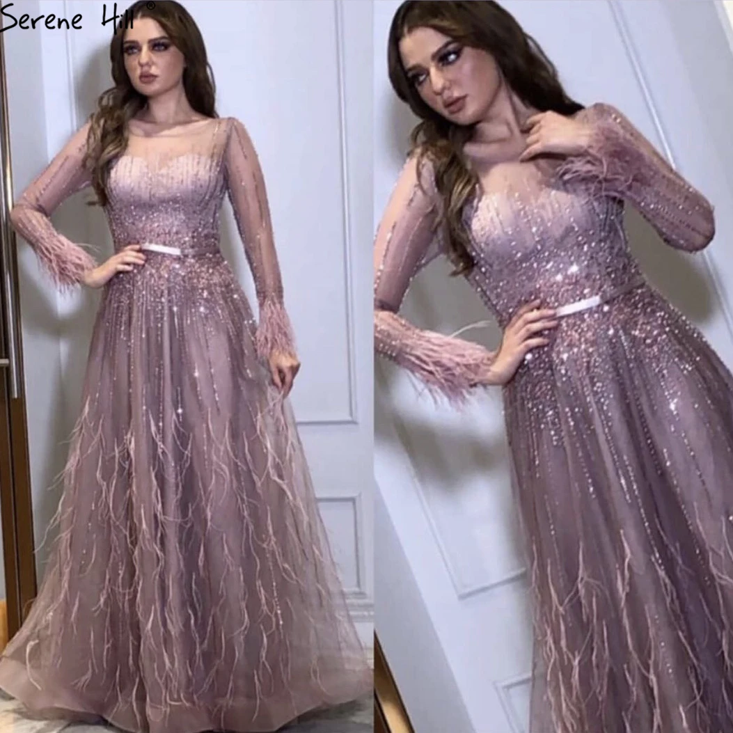 Serene Hill Pink Dubai Design Sequined Feathers Evening Dress A-Line Long Sleeves Luxury Formal Party Wear Gown 2020 CLA60836 | Свадьбы и