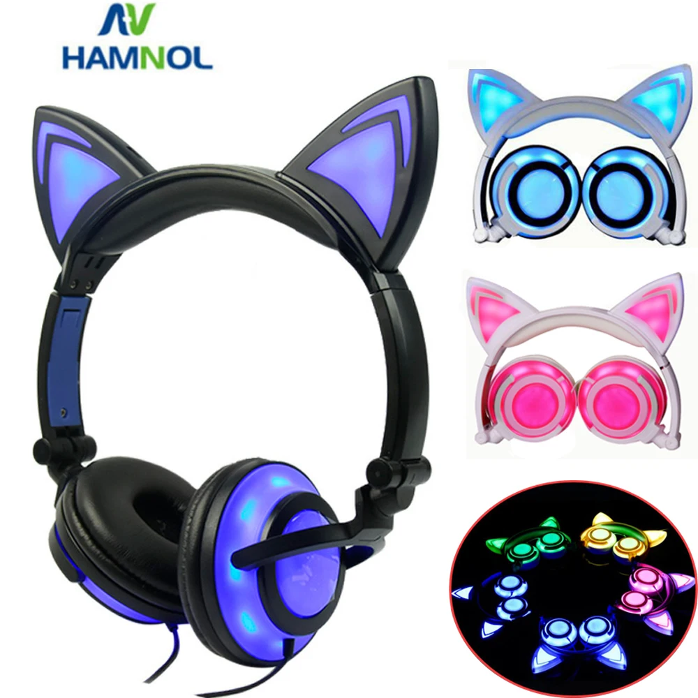 Glowing Light Cat Ear Headphones Stereo Cat Earphones 3.5mm Wired Gaming Headset for PC Gamer Mobile Phone SP4 New XBOX Tablet
