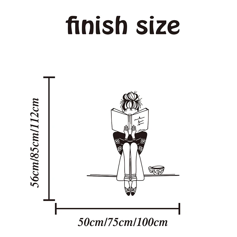 Large Girl Reading Book Coffee Wall Sticker Classroom School Read Book Girl Study Wall Decal Bedroom Kids Room Vinyl Decor (1)