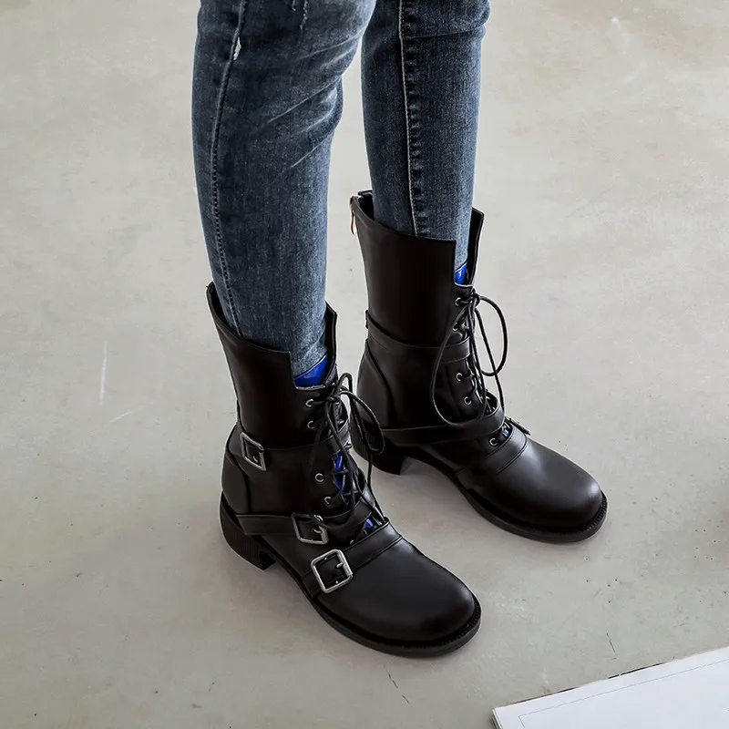 

YMECHIC 2019 Chunky Block Heel Lace Up Buckle Gothic Ankle Military Motorcycle Biker Combat Boots Women Winter Shoes Booties