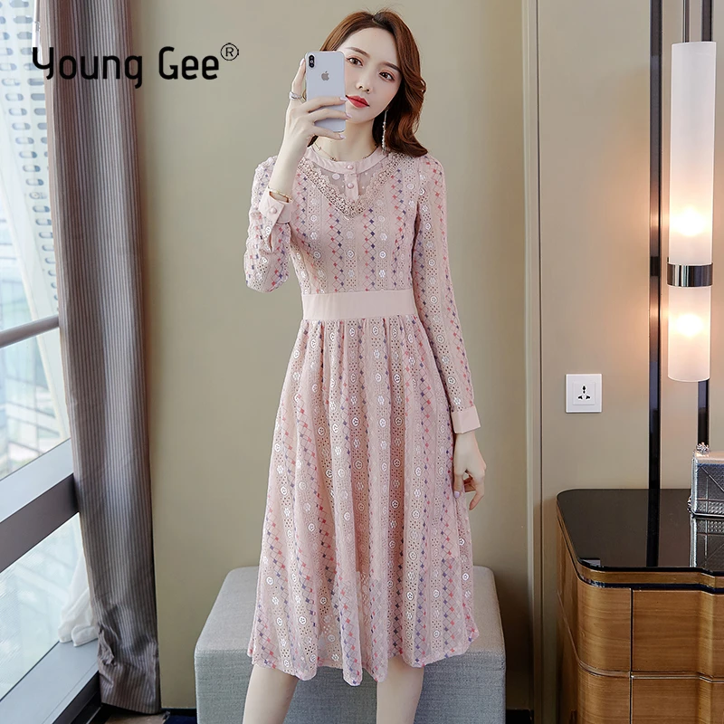 

Young Gee 2019 Fashion Women Long Sleeve Lace Dresses Elegant White Pink Geometric Hollow Out Trunic Party A-line Dress Vestido