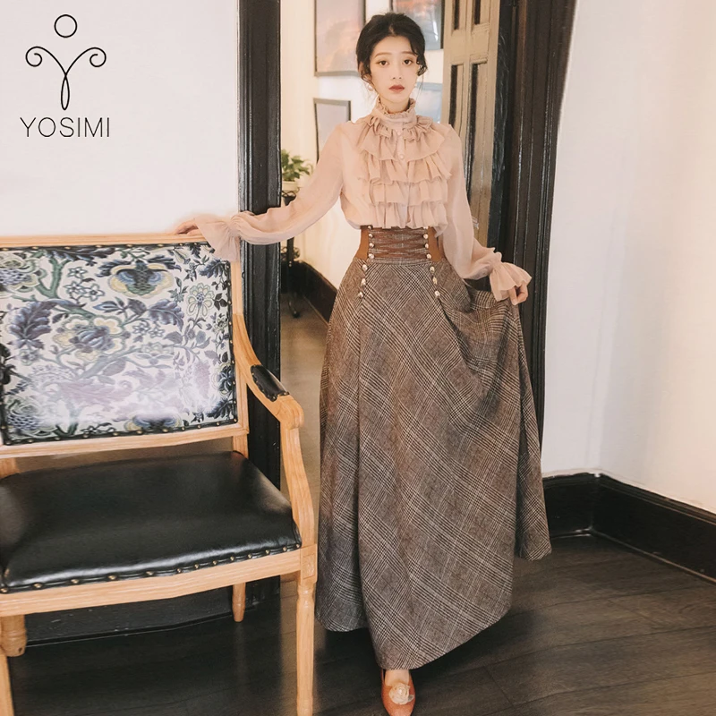 YOSIMI, Осень-зима, винтажный женский костюм из двух частей, женский шерстяной костюм длиной до щиколотки, черная блузка+ Макси клетчатый жилет, длинное платье