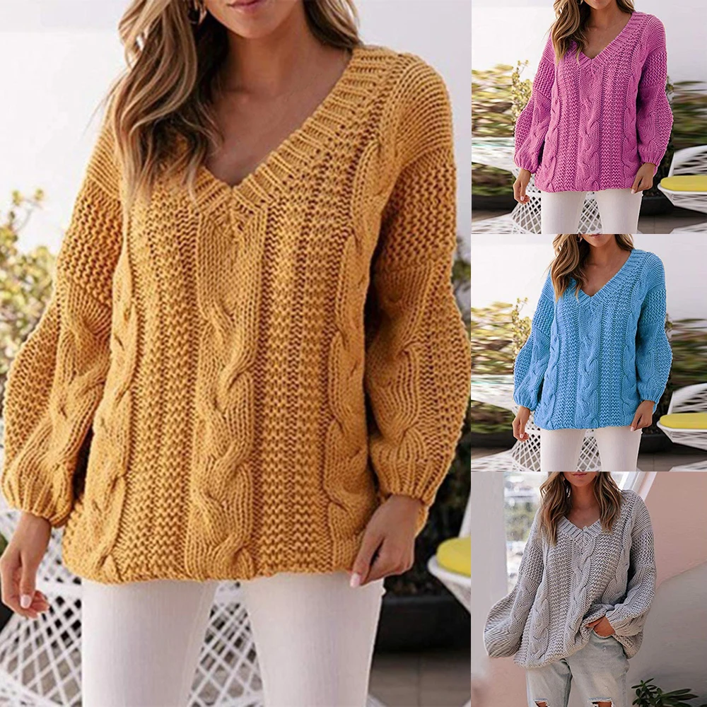 New Casual Solid Sweters Women Invierno Sexy V Neck Pull Femme Loose Knitted Sweter Modish Knit Pullovers Tricot Plus Size