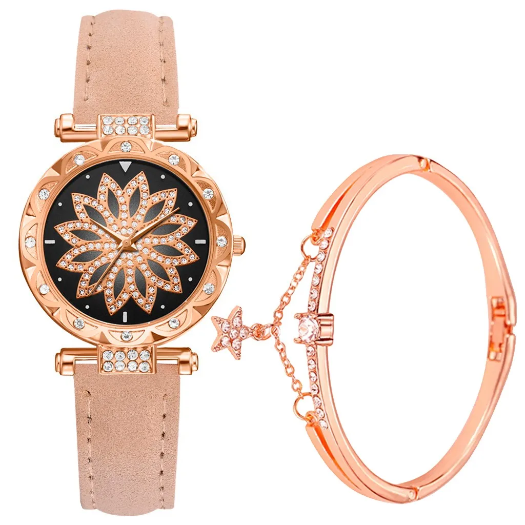 Женские часы Звездное небо часы браслет набор для женщин браслет повседневные часы, кожа кварцевые наручные часы Часы Relogio Feminino L58