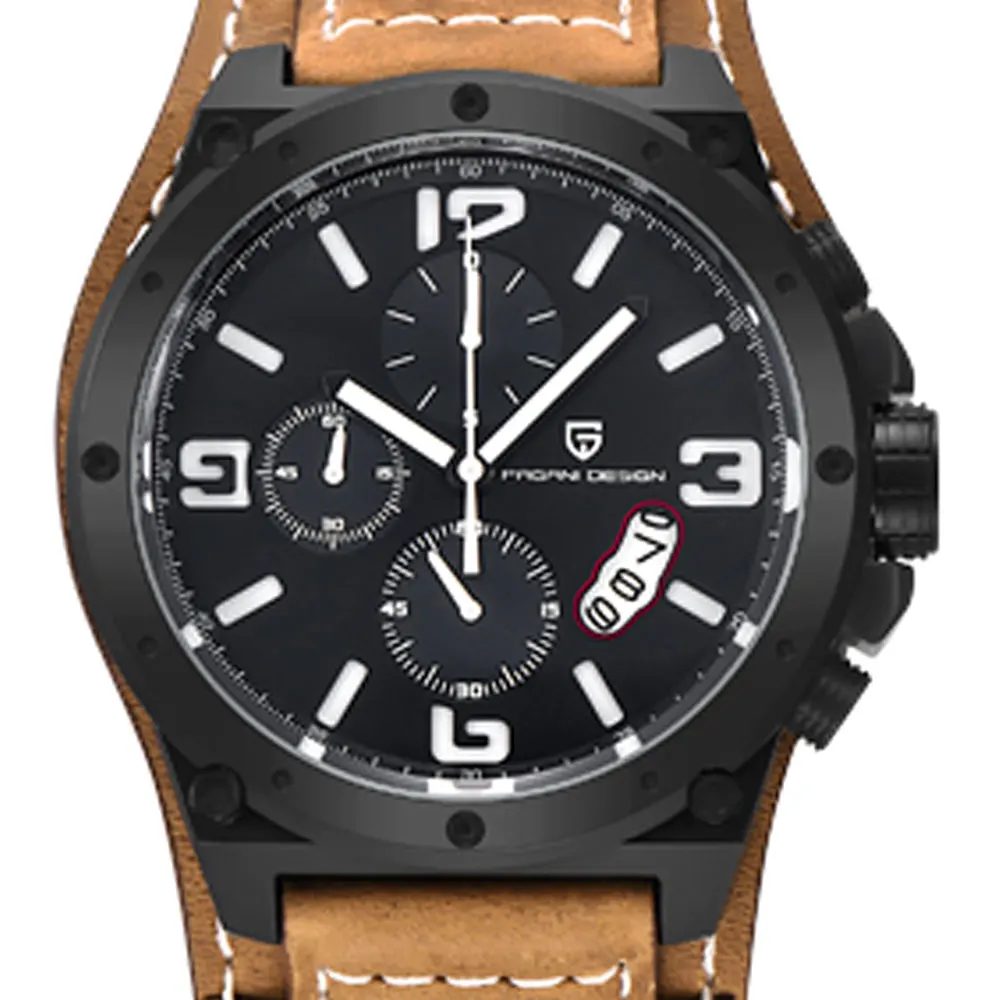 

54 mm Pagani design black dial white numerals Stopwatch chronograph quartz men watch Leather fashion men Sports watches