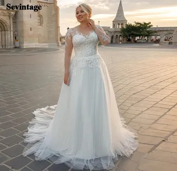 

Chic Lace Plus Size Wedding Dresses Boho Long Sleeves Appliqued Beach Bridal Gown Country Bride Dress Princess Party Gowns