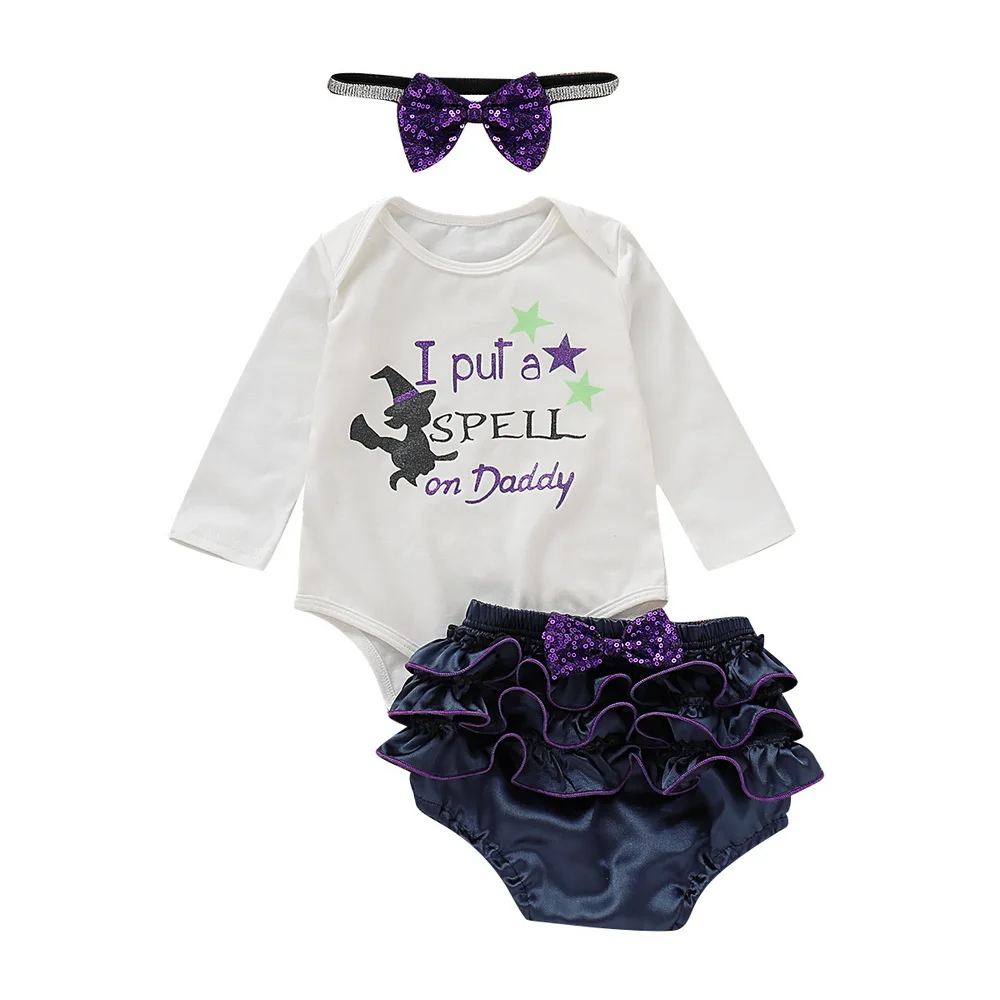 

3Pcs Girls witch costume Girls Birthday Party Outfit Set Children Kids Halloween Costume Romper+short+Headband for 0-18M D35