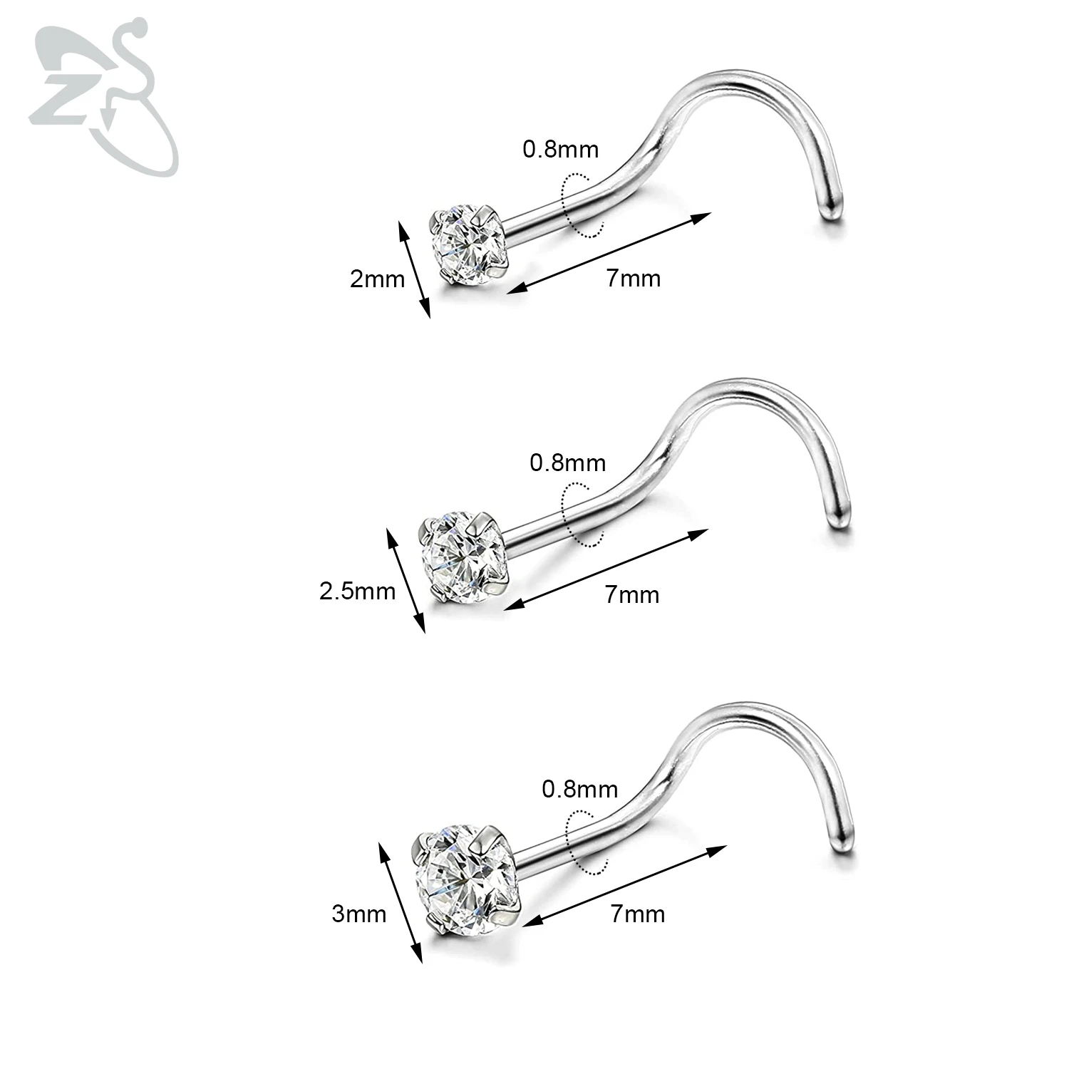Round CZ Crystal Nose Stud Set 20g Stainless Steel Nose Retainers Pin L Shape Nostril Piercing Jewelry 1.5-4mm ZS 4-12pcs/lot