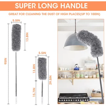 

Feather Duster Bendable Microfiber Duster with Super-Long Adjust Pole up to 100'' & Soft Silicone Cap Hand Duster Extendable