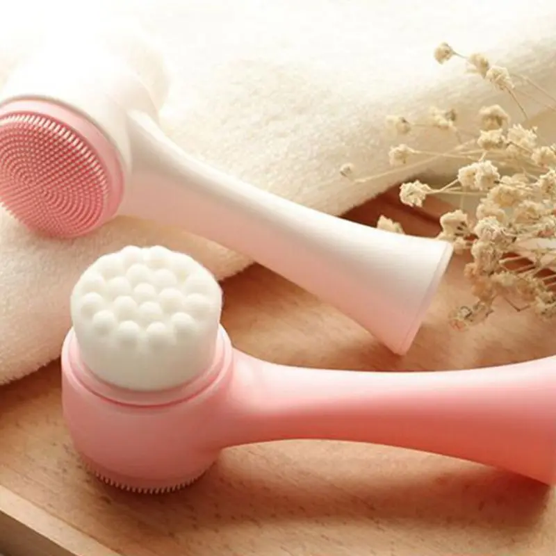 

2 In 1 Double-Sided Facial Cleansing Brush Soft Bristles Silicone Massager Large Handle Portable Manual Exfoliation Cleaner Tool