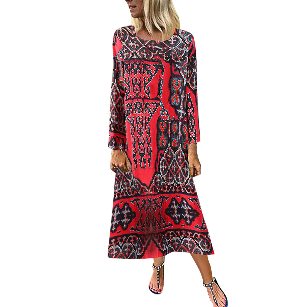 Платья vestidos женский круглый воротник принт хлопок и лен с длинным рукавом ropa mujer Длинное Макси платье#40910