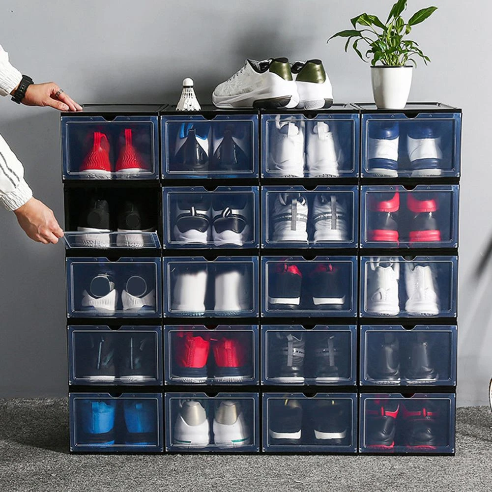 Store shoes in plastic boxes like this interesting cabinet