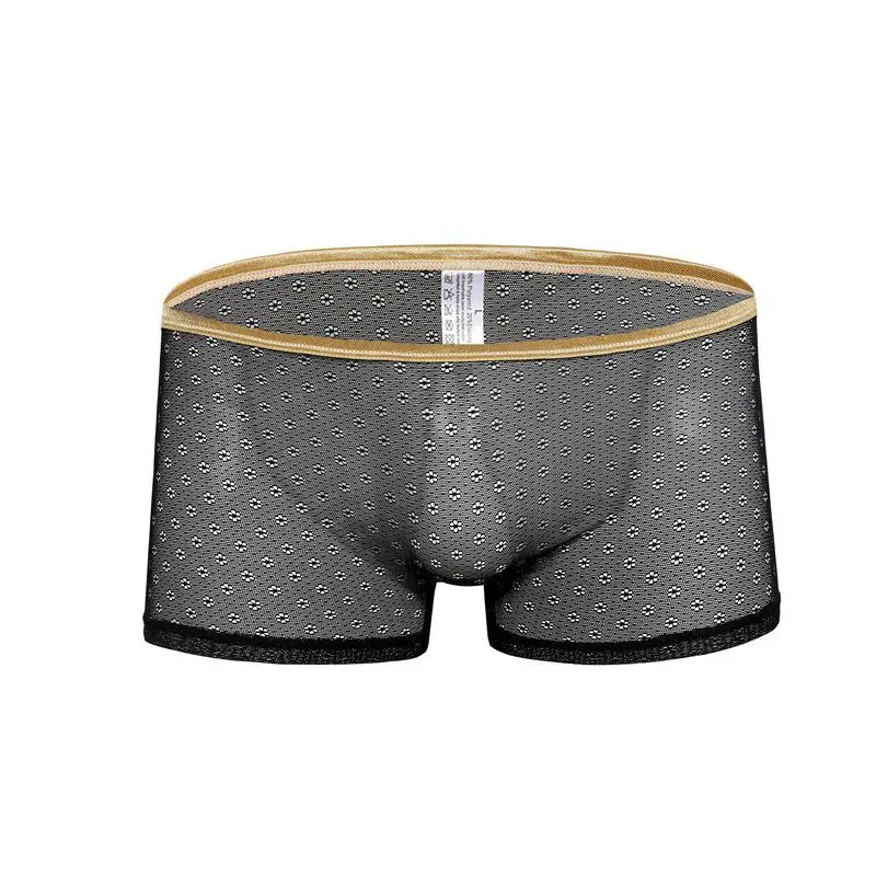 Black Сексуальное бесшовное нижнее белье cueca, боксеры, мужские сетчатые шорты размера плюс, однотонные мужские Ультра-тонкие прозрачные боксеры, шорты, мужские трусы - Цвет: Black