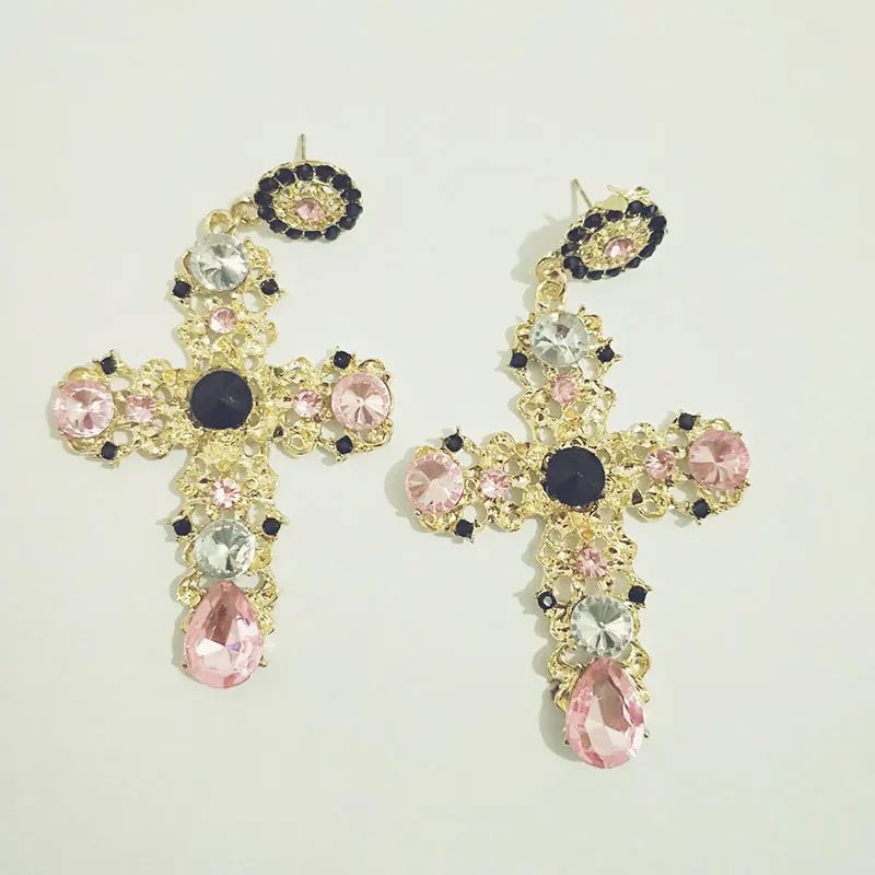New Arrival Vintage Black Pink Crystal Cross Drop Earrings for Women Baroque Bohemian Large Long Earrings Jewelry Brincos 2020