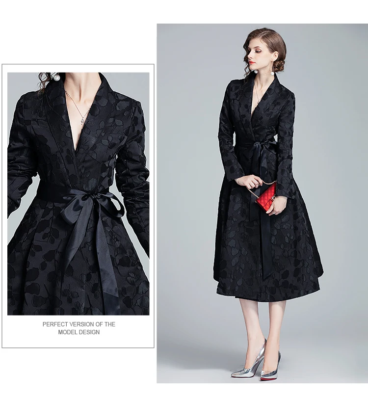 Новинка, популярный жаккардовый женский длинный Тренч, пальто Casacas Para Mujer Invierno, длинный рукав, черное пальто Casaco Feminino K6581
