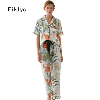 

Fiklyc underwear floral print two pieces women's sexy pajamas sets summer short sleeve long pants nightwear lounge sets HOT