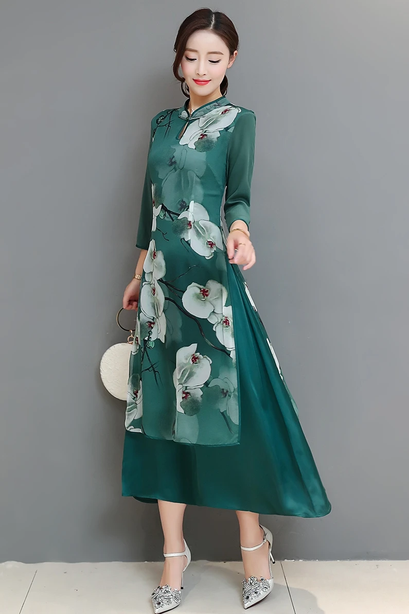 Летнее шифоновое зеленое платье qipao аозай