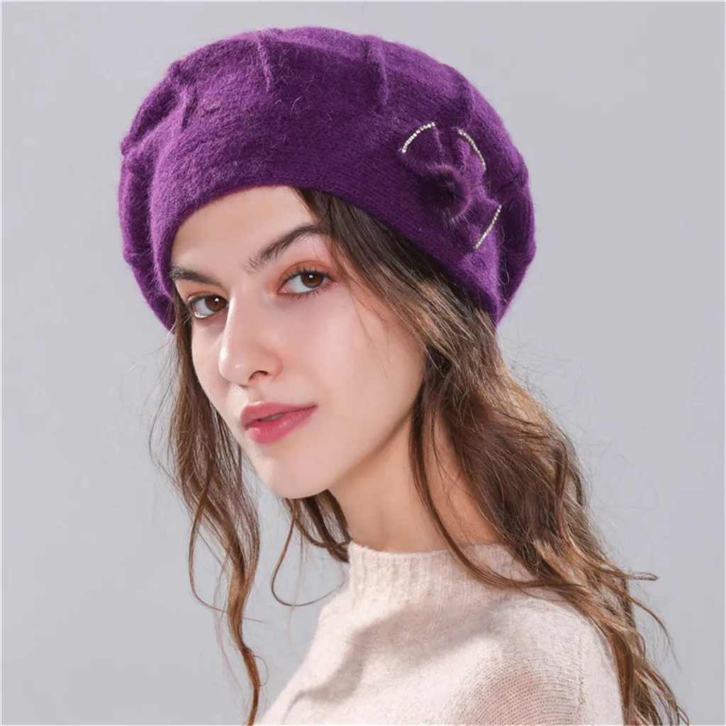 Purple Женская мешковатая теплая вязаная крючком Зимняя шерстяная вязаная Лыжная шапка с черепом и громоздкими шапками зимняя шапка gorras casquette sombrero mujer beret femme - Цвет: Purple