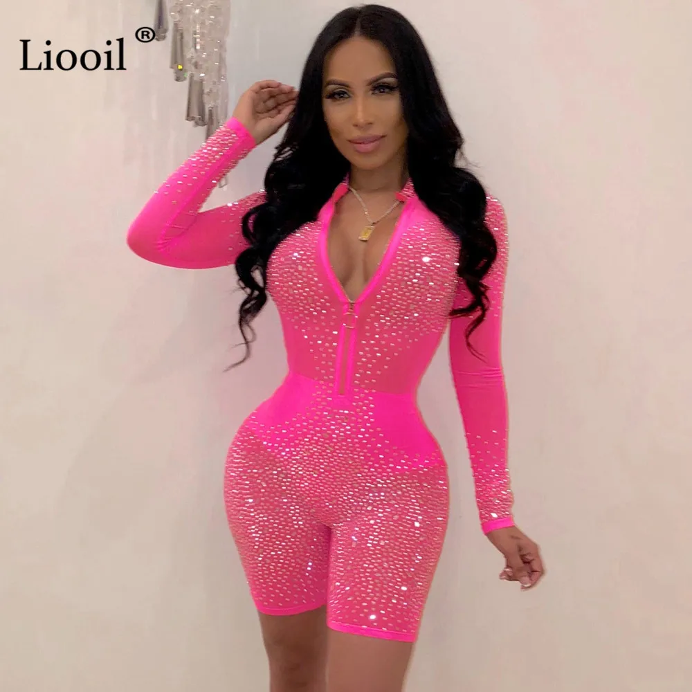 Liooil, прозрачный сетчатый комбинезон, стразы, Облегающий комбинезон, для женщин, Клубная одежда, с длинным рукавом, на молнии, вечерние, Облегающий комбинезон, шорты, клубный комбинезон