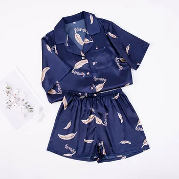 

Summer Feather Printed Thin Silk 2 Piece Suit Women Pajamas Short Sleeve Shorts Loose Sleepwear Pyjama Femme Satin Home Clothes