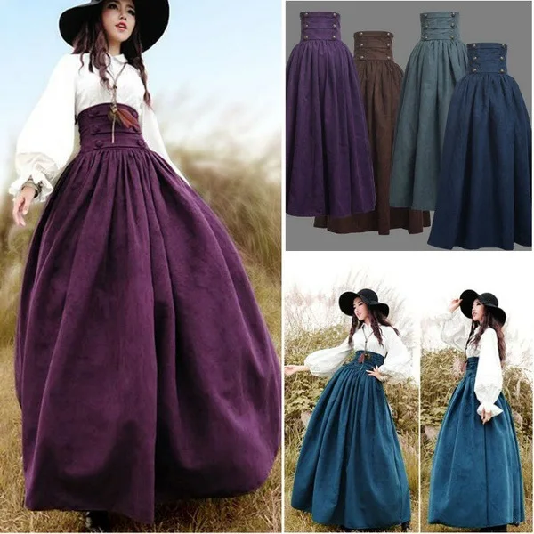 

New Woman Medieval Elegant Skirt Solid Hight Waist Middle Ages Renaissance Costumes Vintage Swing Pleated Skirts S-XXXL