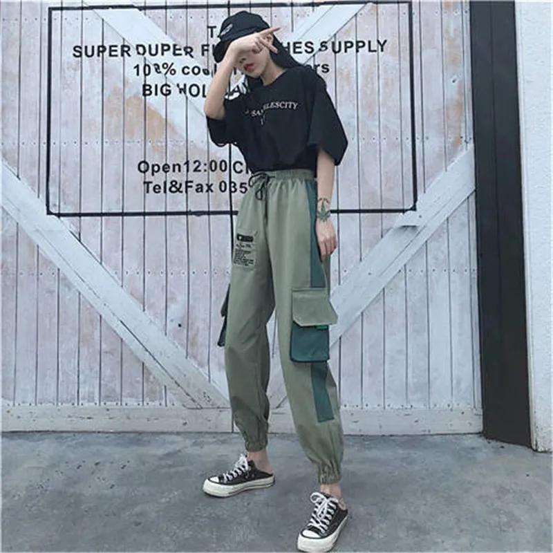 Хлопковые брюки-карго размера плюс, женские эластичные Pantalon с высокой талией, женские серые свободные брюки с карманами, женские уличные брюки