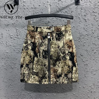 

High waist Package Hip Skirt Women Cartoon cat print Zipper Fashion Mini Skirt Female Summer Casual Loose A-Line Short Skirts