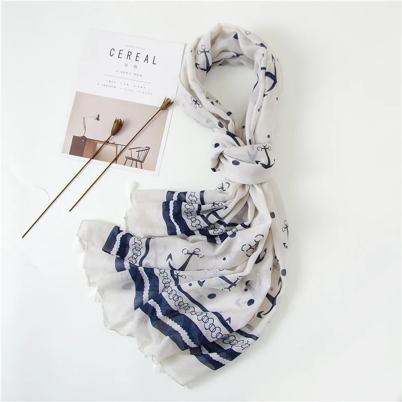 Scarfs Women's Summer Scarves Navy Anchor Print Cotton Hemp Scarf Tulle Wraps Outing Sun-proof Beach Shawl |