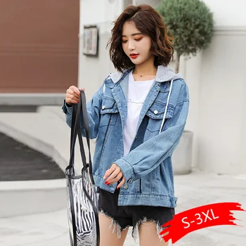 

Denim jacket hooded female 2020 new popular spring autumn Korean loose bf style coat student denim clothing women coats