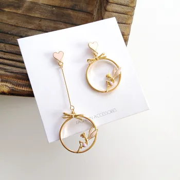 

S925 Silver Korean-style Popular Heart Non-symmetrical Ear Stud GIRL'S Flower Fairy Bow Elegant Ear Ring 2e06