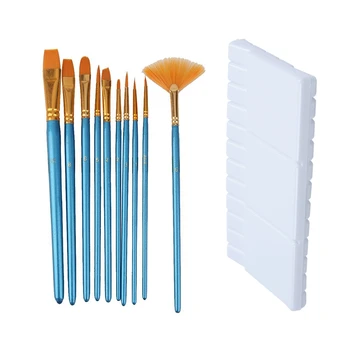 

10Pcs Blue Handle Nylon Hair Paint Brushes with Art Paint Tray Oil Plastic Palette White 33 Grids Large Size
