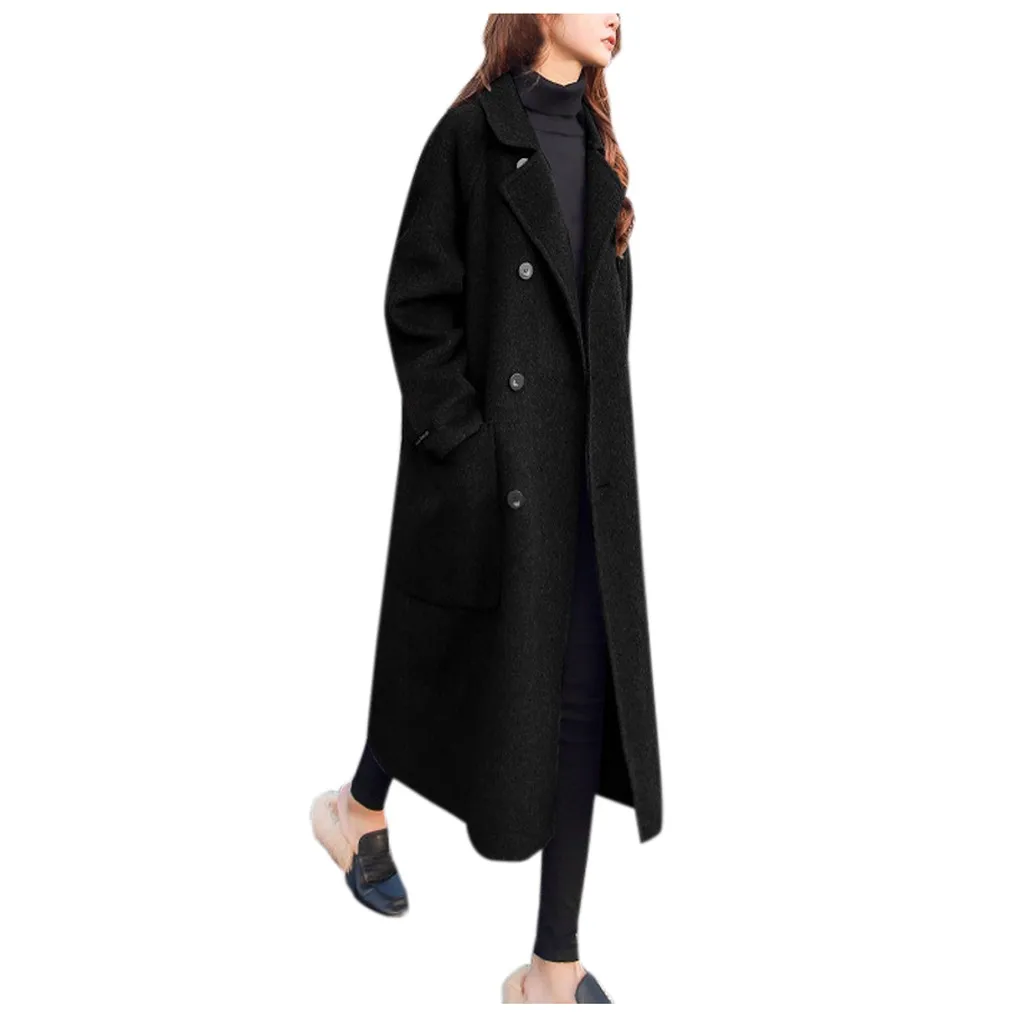 Черный Abrigos mujer invierno, зимнее пальто для женщин, для работы, одноцветное, винтажное, зимнее, для офиса, с длинным рукавом, на пуговицах, шерстяное пальто, манто - Цвет: Черный