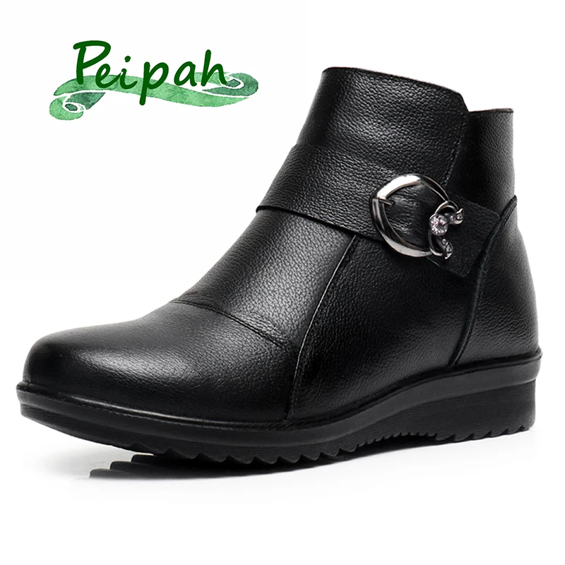 

PEIPAH New Arrival Genuine Leather Botines Mujer Casual Solid Zip Round Toe Women Ankle Boots Flat With Ladies Winter Shoes