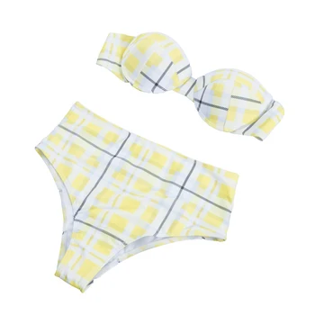 

2020 New Sexy Strapless Bandeau Bikini Set Women Push Up Swimsuit Checkered Print Bathing Suit S-L Girl High Waist Beachwear