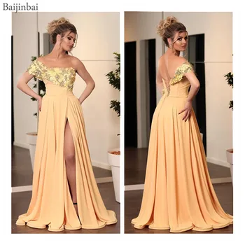 

Baijinbai One Shoulder A-line Prom Dresses Vestidos De Fiesta De Noche Satin Long Dress Prom Formal Evening Gowns Slit Appliques