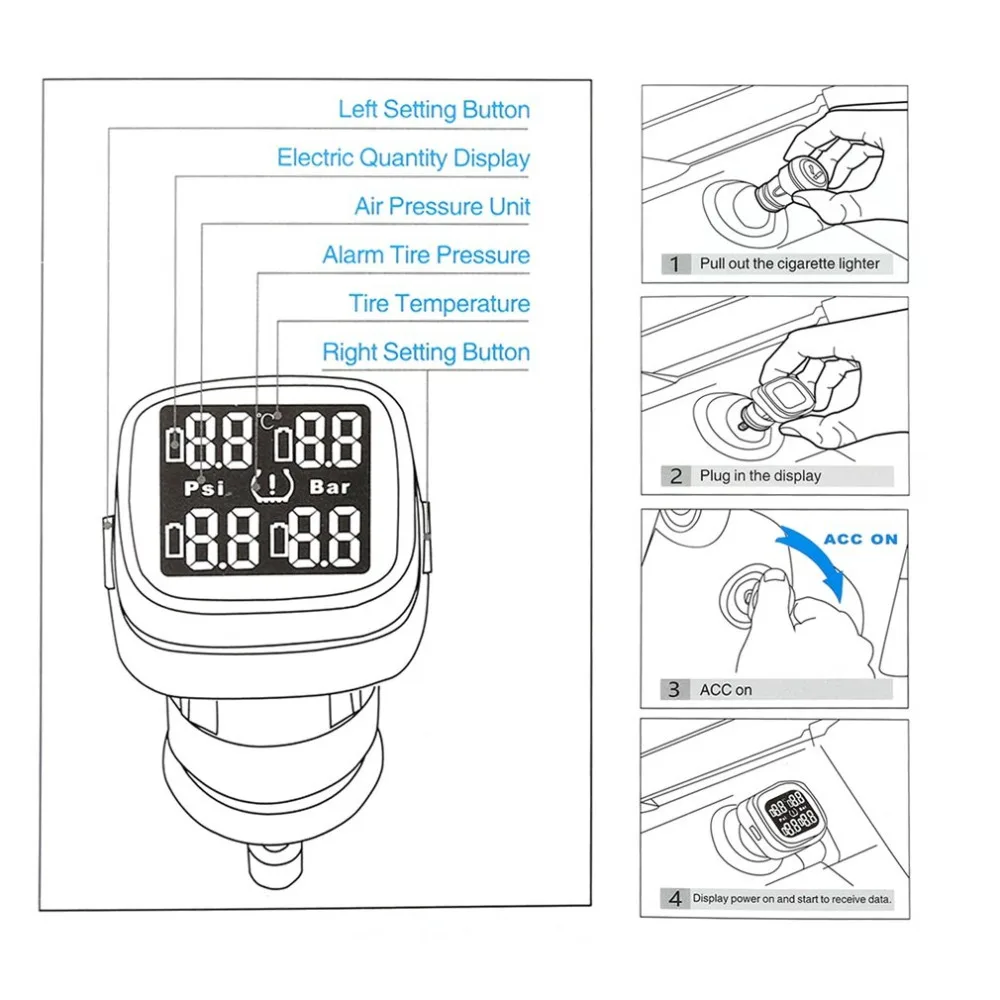 Универсальная система контроля давления в шинах Система контроля давления в шинах в режиме реального времени Зажигалка для сигарет, с 4 внешних датчики ЖК-дисплей цифровой Дисплей