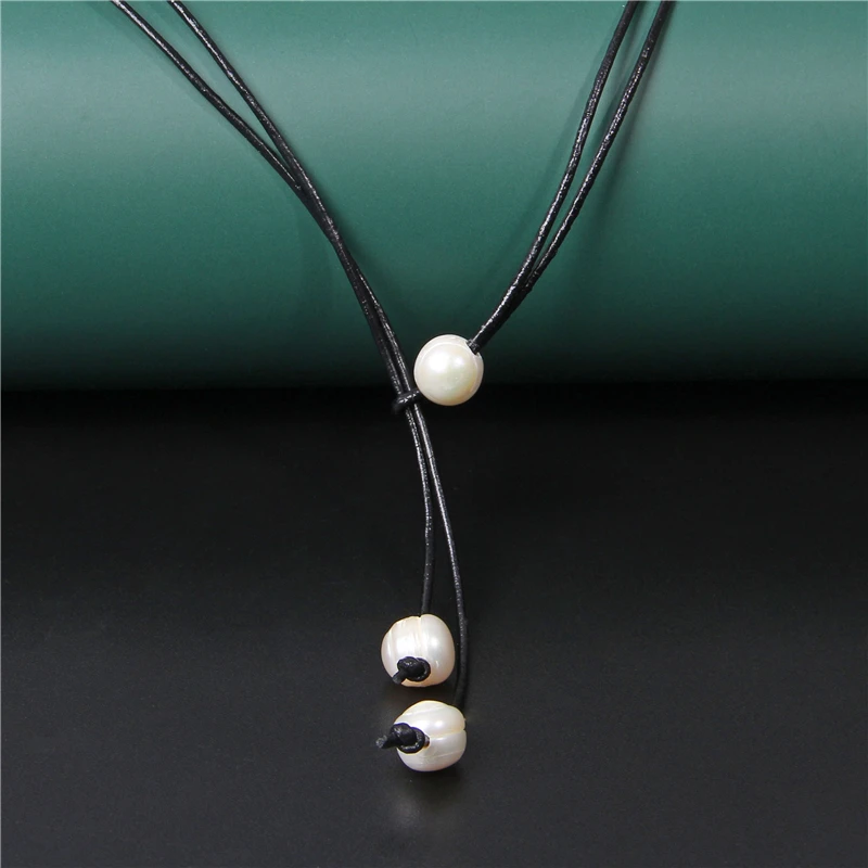 Beaded Necklace New Boho Ethnic Natural Pearls Rope Necklaces Yellow Leather Cord Collares Freshwater Perle Chockers Jewelry Women Female Gifts