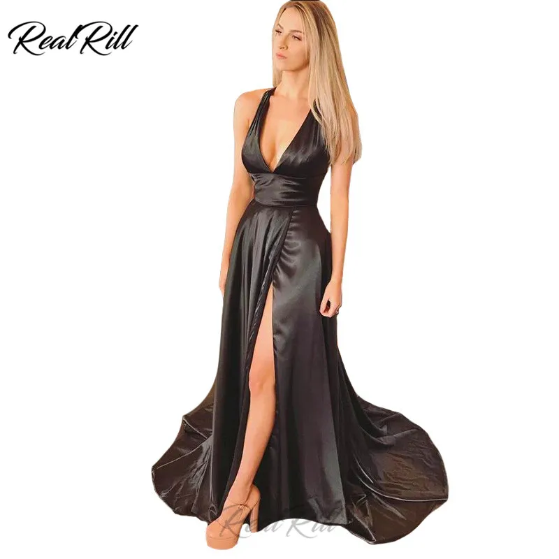 

Real Rill Side Split Evening Dress Deep V Neck Prom Dress Satin Lace Up Back Floor Length Sweep Train A Line Formal Dress
