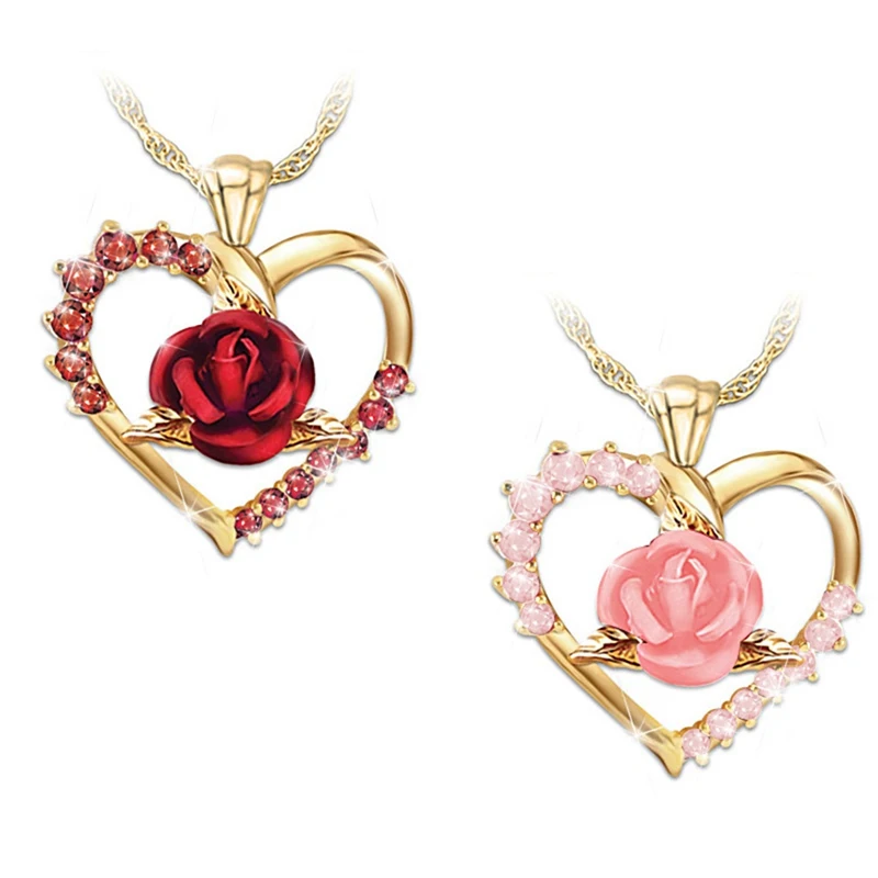 creative rose love heart zircon pendant necklace for women