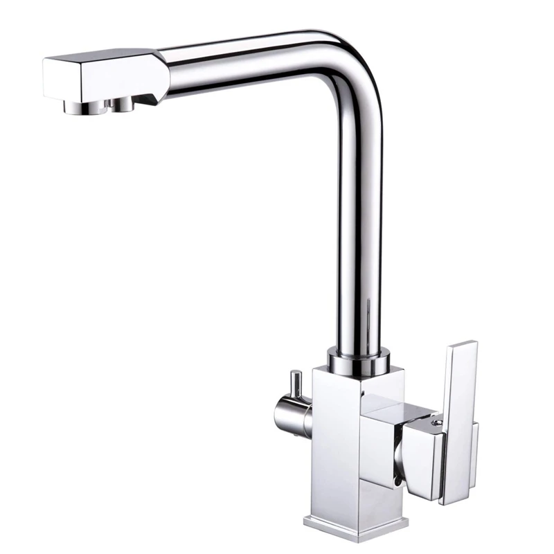 

3 Way Water Filter Kitchen Taps Square Commercial Brass Single Hole Double Handles Swivel Spout Sink Mixer Tap