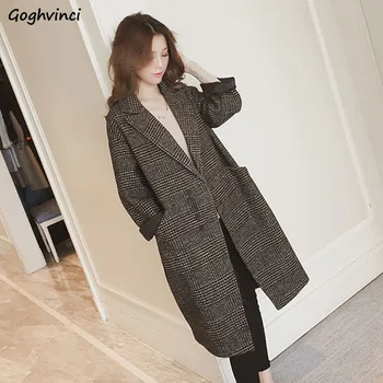

Wool Women Loose 2XL Winter Gray Plaid Long Single Breasted Elegant Student Korean Style Harajuku Fashion Womens Blend Outwear